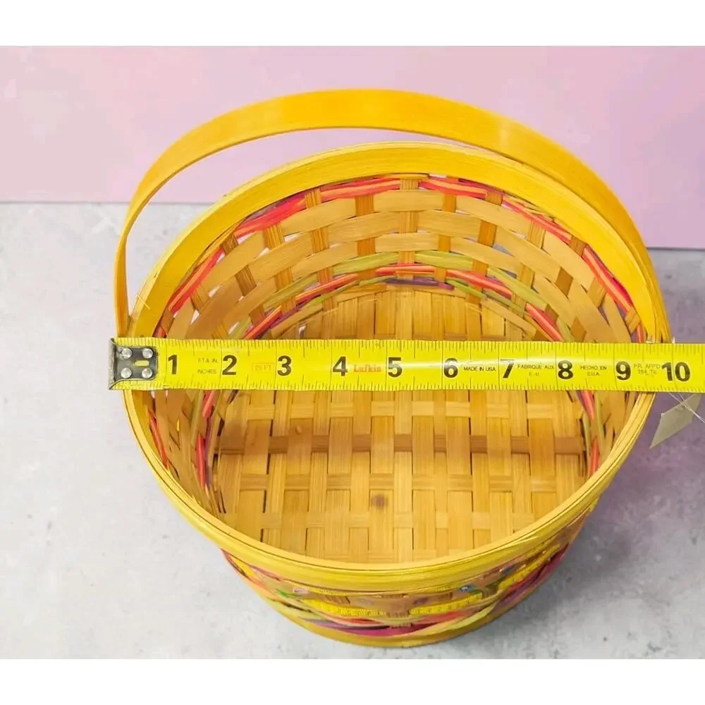Vintage Woven Bamboo Easter Basket Hand Painted Floral 9.5